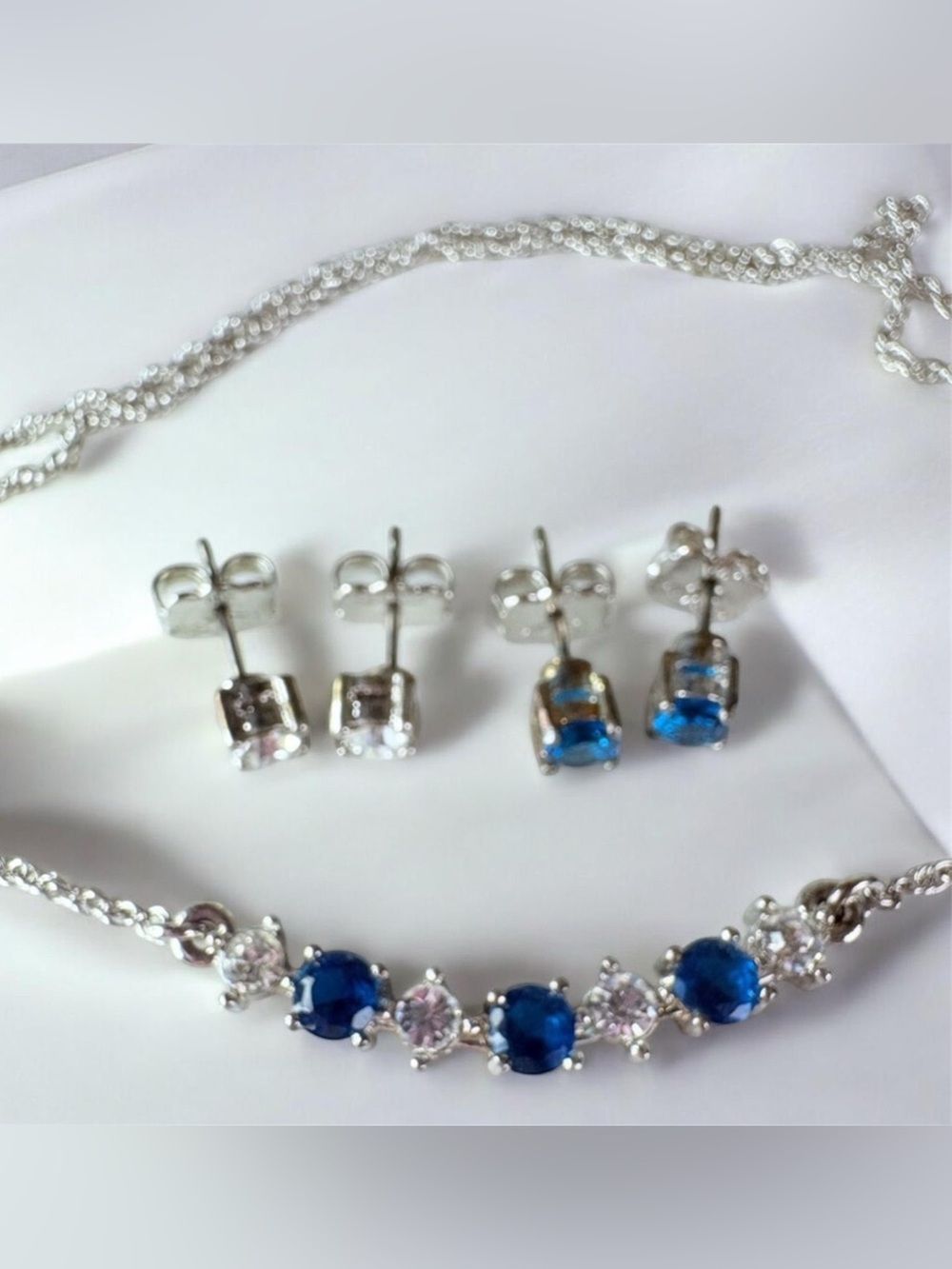 Y2K Avon Blue & Clear Rhinestone Frontal Necklace & Pairs of Stud Earrings NIB